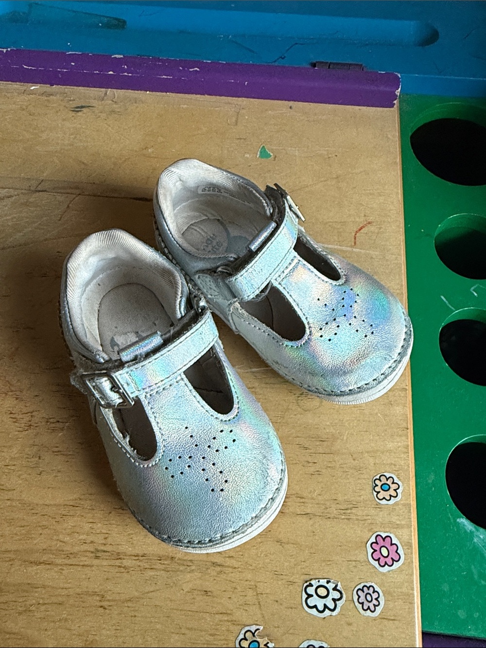 Stride Rite Iridescent Silver T-Strap Toddler Mary Janes